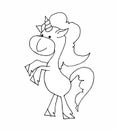 Coloring book for kids - standing on hind legs. Black and white cute cartoon unicorns. Vector illustration.